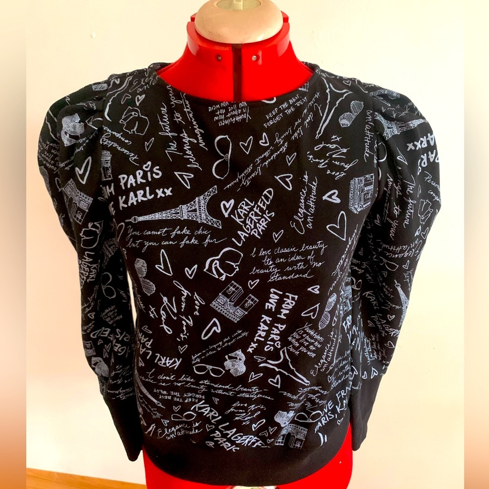 KARL LAGERFELD PARIS BLACK/WHITE PRINTED PUFF SLEEVE SWEATSHIRT SIZE sz xs